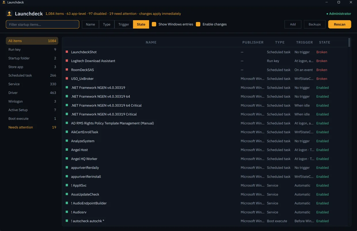 Launchdeck on Windows: a dark window with a rail of startup surfaces on the left — run keys, scheduled tasks, services, drivers — and a table of over a thousand entries, four of them flagged broken in red.