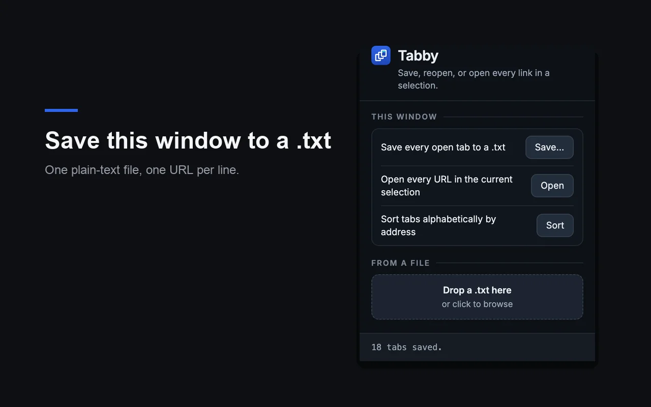 Tabby’s popup after saving a window, with the status line “18 tabs saved.”